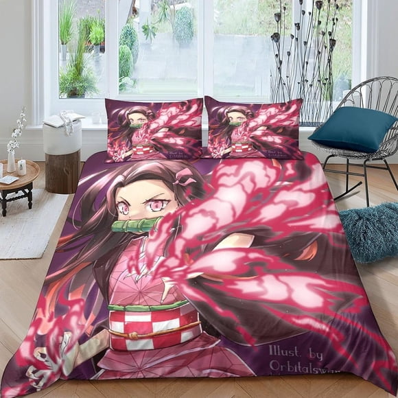 Kama-do Demo-n 3-Piece Duvet Cover Set Bedding Set Ultra Soft Reversible Breathable 3D Printed Microfiber Comforter Protector Zenitsu Agatsuma Slayer Bed Cover Set Pillowcase Twin