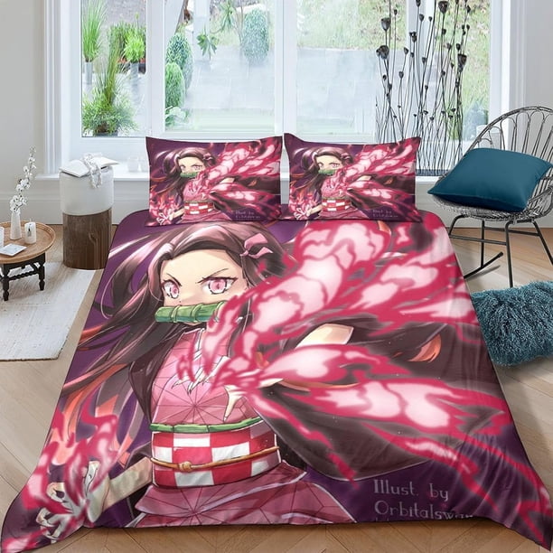 Kama-do Demo-n 3-Piece Duvet Cover Set Bedding Set Ultra Soft Reversible Breathable 3D Printed Microfiber Comforter Protector Zenitsu Agatsuma Slayer Bed Cover Set Pillowcase Twin