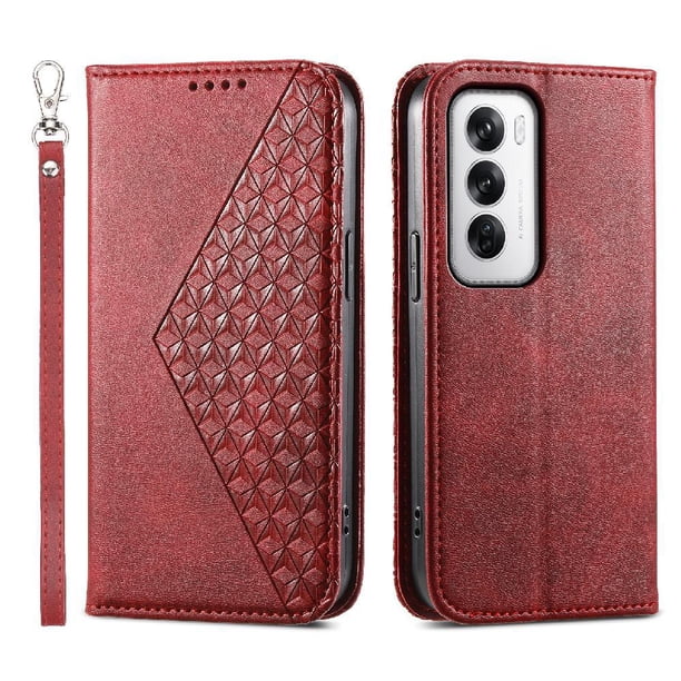 Funda Flip FOXDOCK para OPPO Reno 12 5G , Estilo Billetera con Diseño Rombo, Correa de Mano y Soporte, Uso Diario