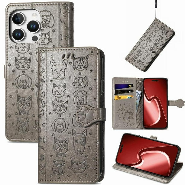 Funda Cartera FOXDOCK para iPhone 16 Pro , Flip PU con Relieve de Gatos y Perros, Tarjetero y Soporte