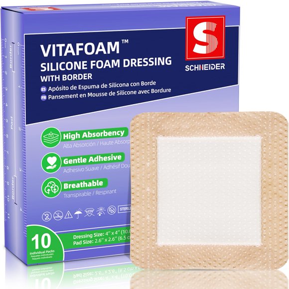 Aderezo de espuma de silicona VitaFoam, paquete de 10 unidades, 4 x 4 cm con borde