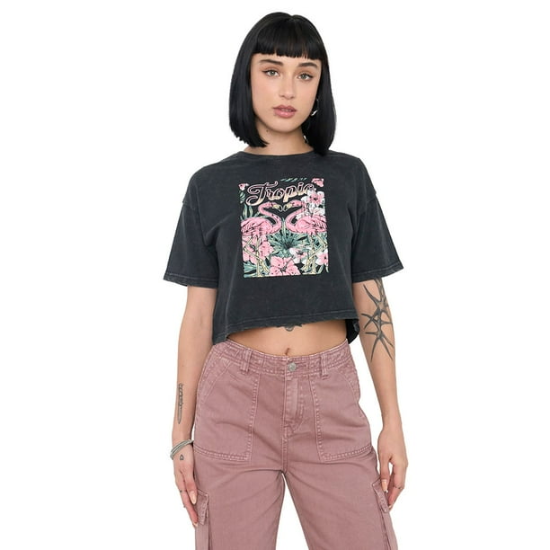 Polera Mujer Color Negro Fun Manga Corta Crop Corona