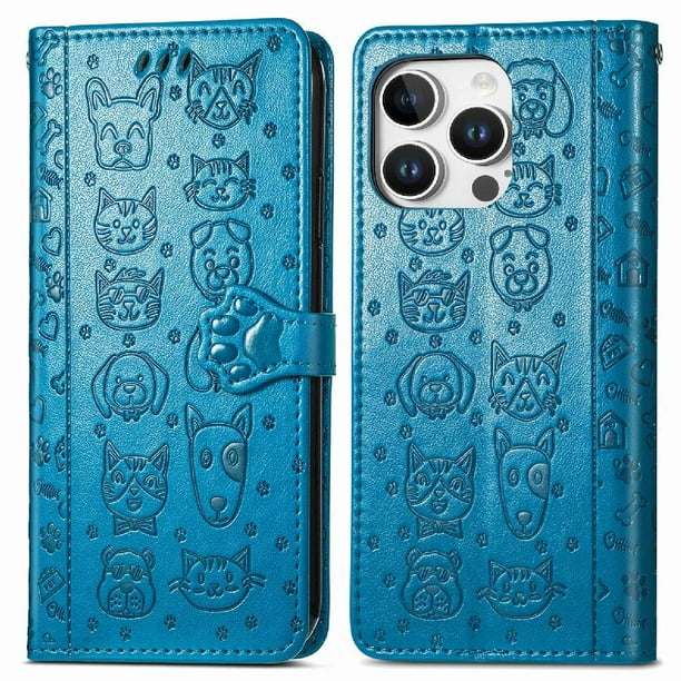 Funda Cartera FOXDOCK para iPhone 16 Pro , Flip PU con Relieve de Gatos y Perros, Tarjetero y Soporte