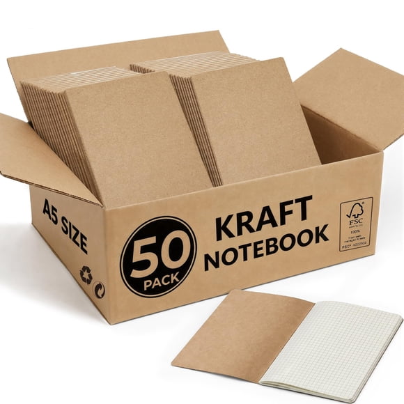 Cuadernos Foliom A5 - Pack de 50, 60 hojas cuadriculadas, papel kraft
