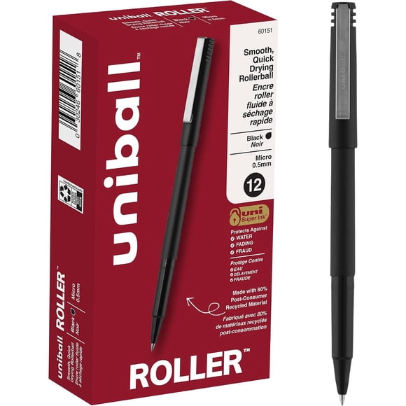 Uni-ball Roller Rollerball Pens, Micro Point 0.5 mm, Black, 12 unidades