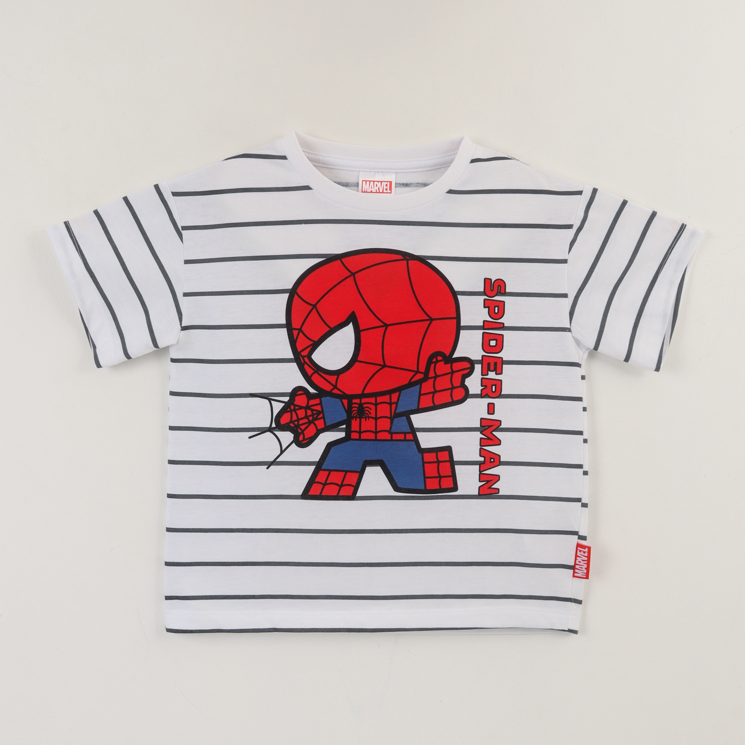 Polera Manga Corta Niño Blanco Rayas Spidey Marvel