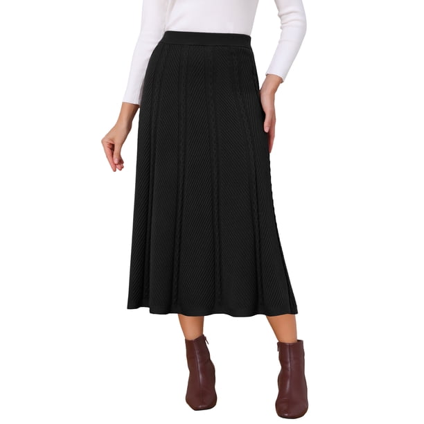 INSPIRE CHIC Falda de Mujer Suéter Línea A Otoño Invierno Elástica Cintura Alta Estirable Tejido de Punto Midi Falda XL Negro