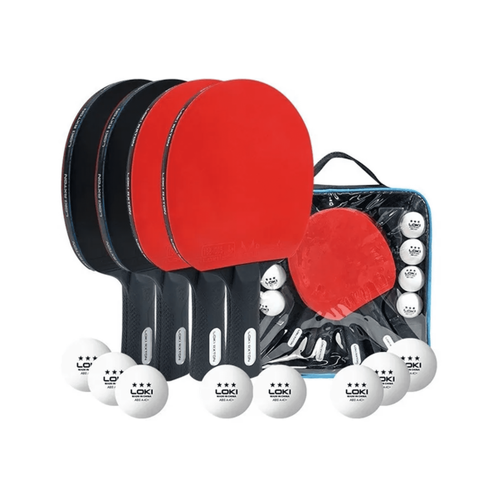 Genérico - Set 4 Paletas De Ping Pong Loki Nivel Inicial + 8 Pelotas Color Negro/rojo Tipo De Mango St (recto)