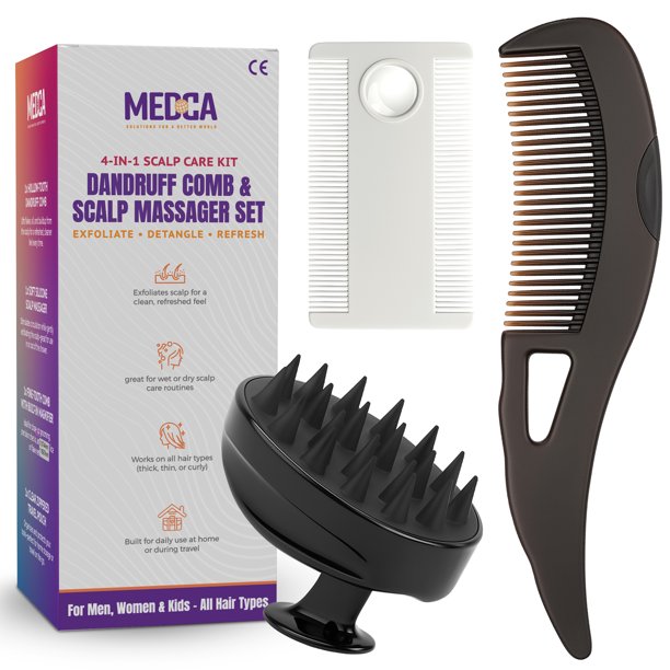 Peine anticaspa y masajeador de cuero cabelludo, set de 4 piezas: kit exfoliante con peine de dientes finos, cepillo de silicona y estuche de viaje, para todo tipo de cabello