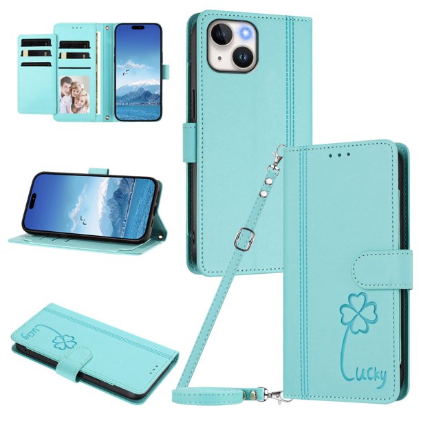Funda Cartera Trébol para iPhone 13/iPhone 14 con Ranuras Tarjetas y Carga Inalámbrica Verde menta