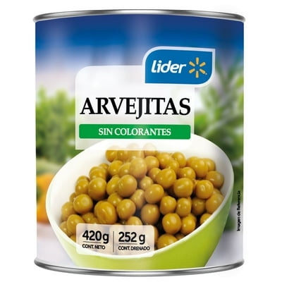 Arvejas Sin Colorantes Lata Drenado 252 G - Neto 420 G Lider