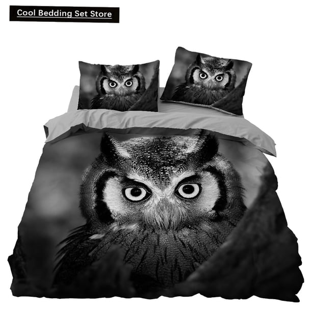 Black Owl Duvet Cover Moon Safari Bird Animal Bedding Set Lovely Wildlife Quilt Cover Grey Polyester Comforter Cover Bed Sheets