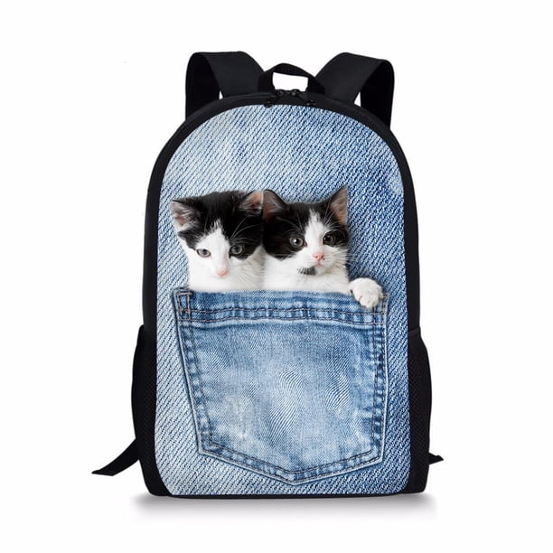 Black Denim Pocket Cat Student School Bag Kitten Printed Backpack Teenager Daily Casual Backpack Women Men Travel Rucksacks