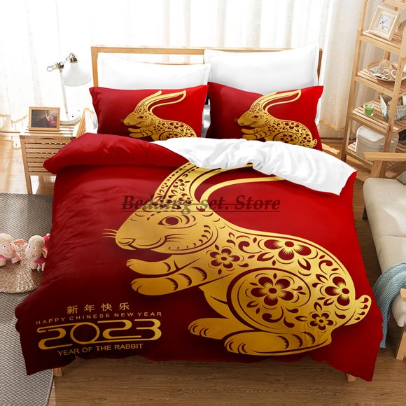 Cute Year Red Chinese Zodiac Rabbit Bedding Set Bed Set Aldult Kid Bedroom Duvetcover Sets
