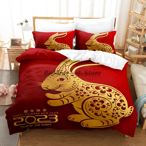 Cute Year Red Chinese Zodiac Rabbit Bedding Set Bed Set Aldult Kid Bedroom Duvetcover Sets