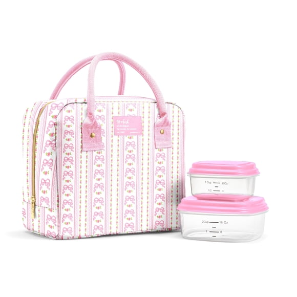 Fit & Fresh Bloomington Bolsa de Almuerzo para Mujer - Lonchera Grande Aislada para Trabajo con Recipientes, Resistente a Derrames y Manchas, Cierre con Cremallera, Detalle de Lazos Rosa