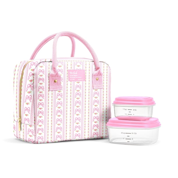 Fit & Fresh Bloomington Bolsa de Almuerzo para Mujer - Lonchera Grande Aislada para Trabajo con Recipientes, Resistente a Derrames y Manchas, Cierre con Cremallera, Detalle de Lazos Rosa