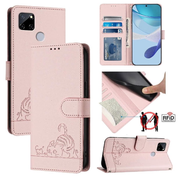 Funda tipo cartera FOXDOCK para REALME C25/C25S con soporte, ranuras, RFID, diseño de gato