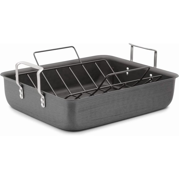 Calphalon Premier Bandeja para Asar de Aluminio Anodizado Duro Antiadherente de 16 pulgadas con Rejilla, Acabado Metálico