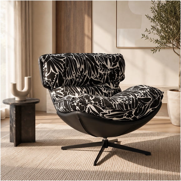 Sillón Bianca Giratorio Jacquard Base Metálica De 4 Puntas Negro Floreado