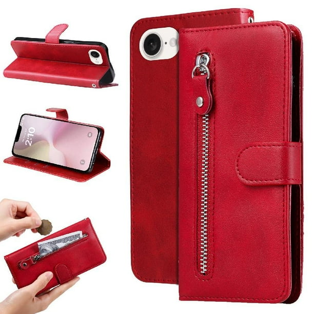 Funda con Cremallera para iPhone 16e, Carcasa Cartera de Cuero PU con Soporte y Tarjetero