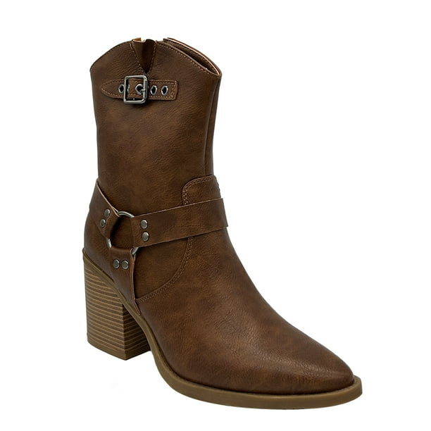 Bota Cowboy para Mujer Color Café con Hebilla y Aros