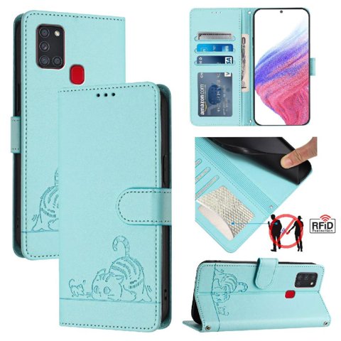Funda Tipo Cartera Foxdock Para Samsung Galaxy A21S Con Soporte, Ranuras, Rfid, Diseño De Gato