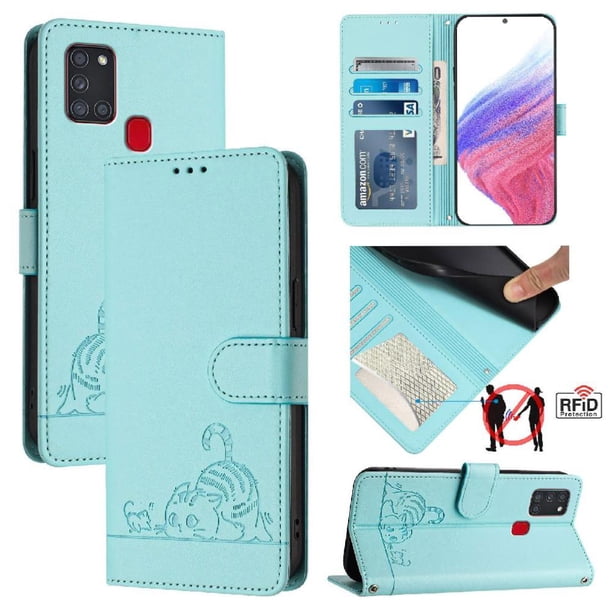 Funda tipo cartera FOXDOCK para Samsung Galaxy A21S con soporte, ranuras, RFID, diseño de gato
