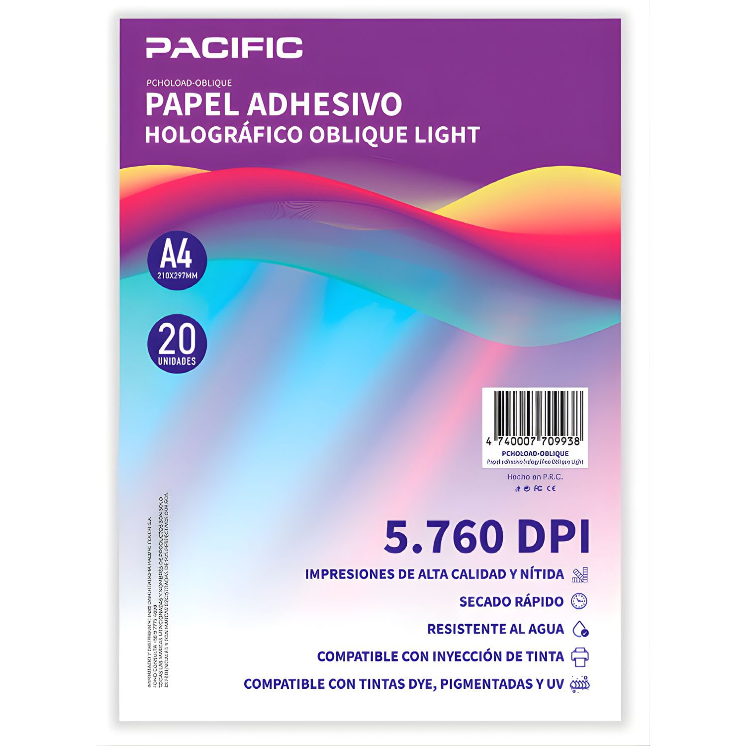 Pacific - Papel Adhesivo Holografico 20 Hojas Oblique Light A4 - Ps