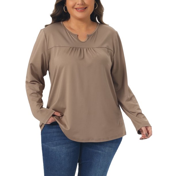 Agnes Orinda Tops de Mujer Tallas Grandes Cuello Fruncido con Muesca Camisetas de Manga Larga Blusas Sueltas Casual Túnica 3X Caqui