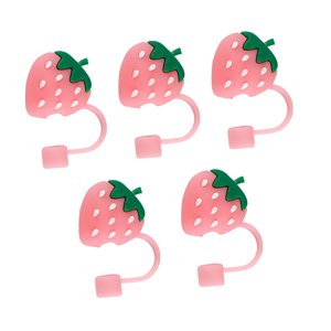 Magideal - 5 Uds Cubierta De Paja En Forma De Fresa Multiuso A Prueba De Salpicaduras Resistente Lindo Portátil De Silicona Tapón De Polvo De Paja Tapón De Paja Rosa