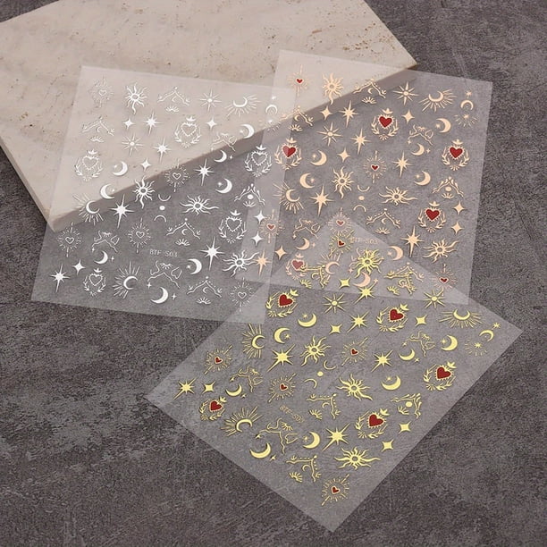 3pcs,Sun Star Moon Design Nail Art Stickers,Self Adhesive Golden Silvery Bronzing Nail Art Decals For DIY Or Nail Salons
