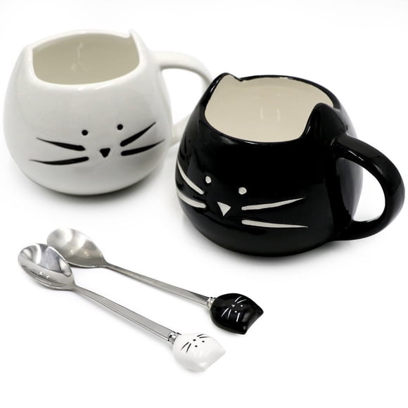 Juego de 2 tazas de café Koolkatkoo Cute Cat Ceramic de 350 ml, color negro y blanco