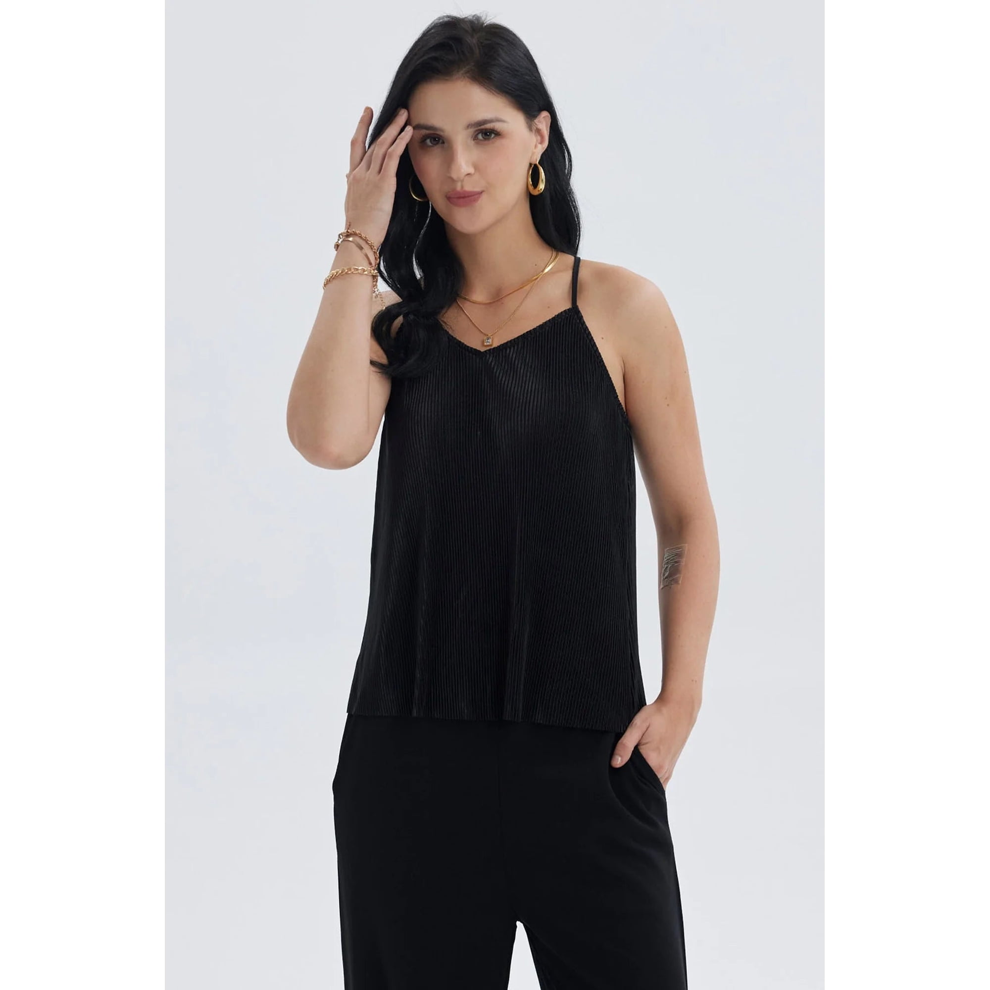 Fashionspark - Polera Mujer Pabilo Plisada Lisa Negro