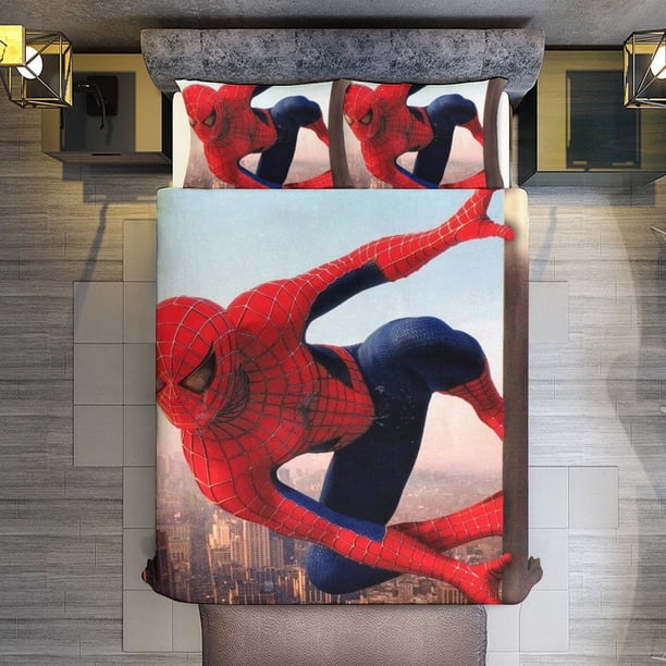 Spider-Man 3 Piece Sets Full/Queen Size - Reversible Microfiber Quilts with 2 Shams Soft Lightweight Bedspread Coverlet Comforter for All Season Bed Sheets