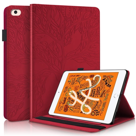 Funda con relieve del Árbol de la Vida para tablet ipad mini 1/2/3/4/5 con soporte, ranuras para tarjetas y soporte para lápiz óptico. Rojo