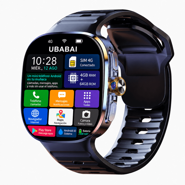 Reloj Inteligente UBABAI Android 10 con SIM 4G LTE, Pantalla AMOLED 2.4", GPS, WiFi y Cámara Giratoria 9MP 4 GB + 64 GB