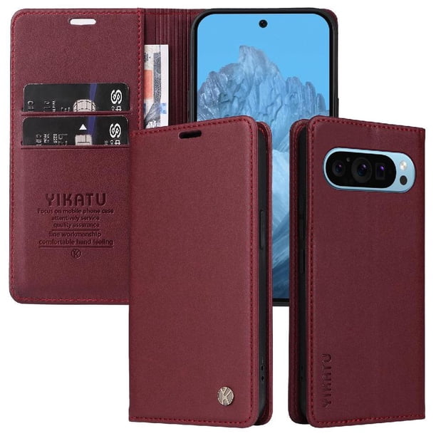 Funda Billetera de Cuero para Google Pixel 9 5G con Tarjetero y Soporte - Tapa Magnética Rojo
