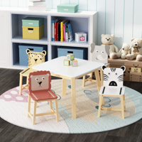 M&Ms - 5 Piece Kiddy Table And Chair Set , Kids Wood Table With 4 Chairs Set Cartoon Animals (Bigger Table) (3-8 Years Old)