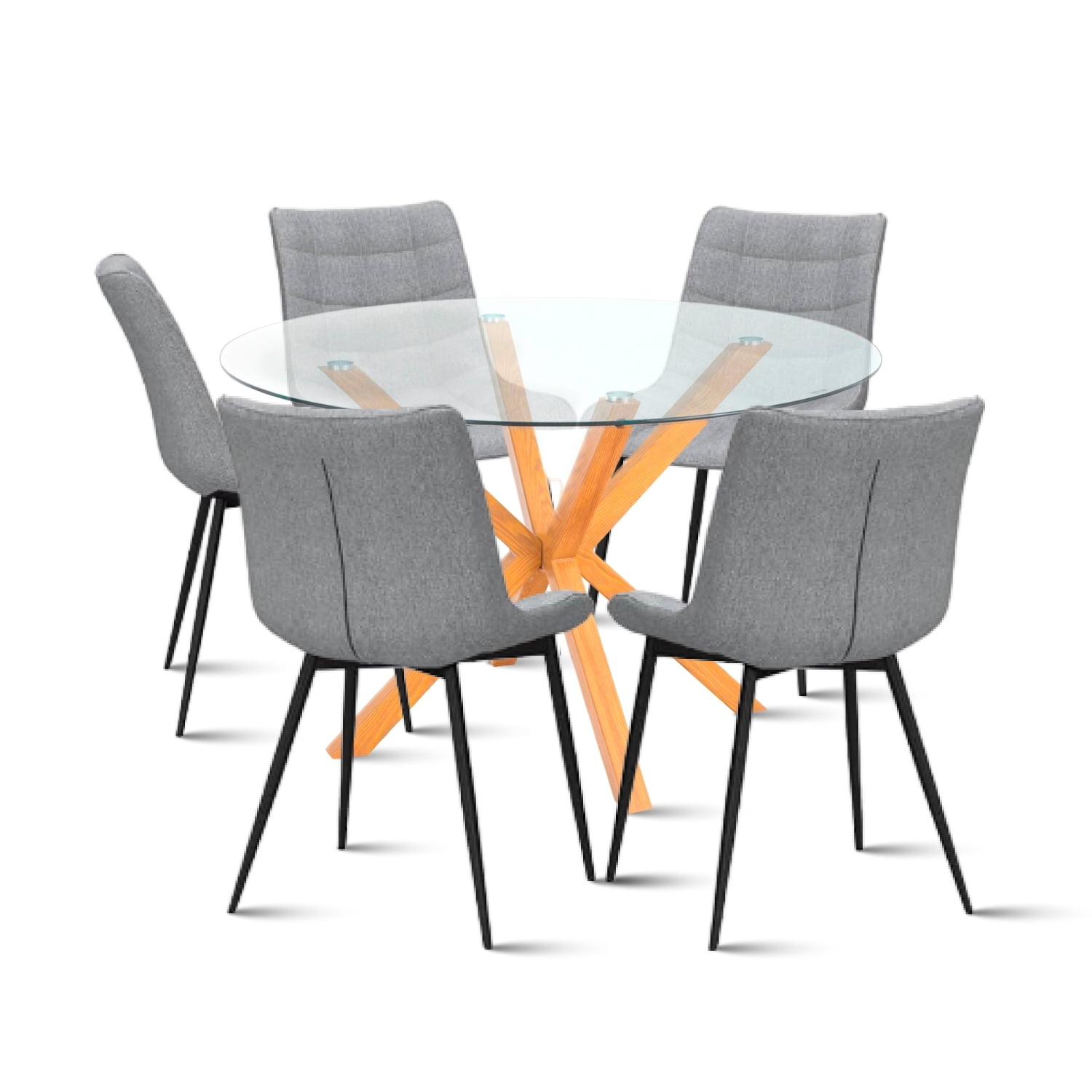 Klik Muebles - Mesa De Comedor Redonda De Vidrio Cross 120cm + 5 Silla Macron Terciopelo - Gris
