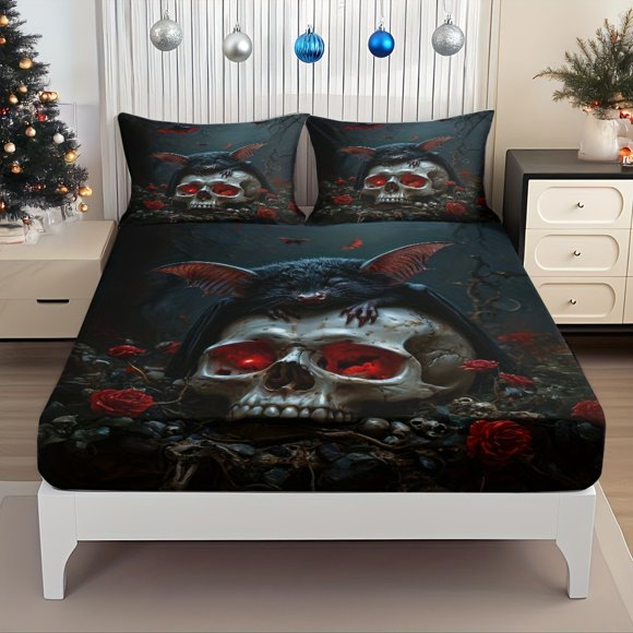 Bed Sheet Crimson Night: Bats Perched on Skeletons Roses Surrounding Dark Fantasy Theme Mattress Protector with Elastic Design for Perfect Fit Creative Deep Poc