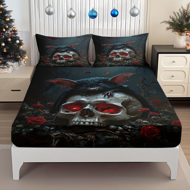 Bed Sheet Crimson Night: Bats Perched on Skeletons Roses Surrounding Dark Fantasy Theme Mattress Protector with Elastic Design for Perfect Fit Creative Deep Poc