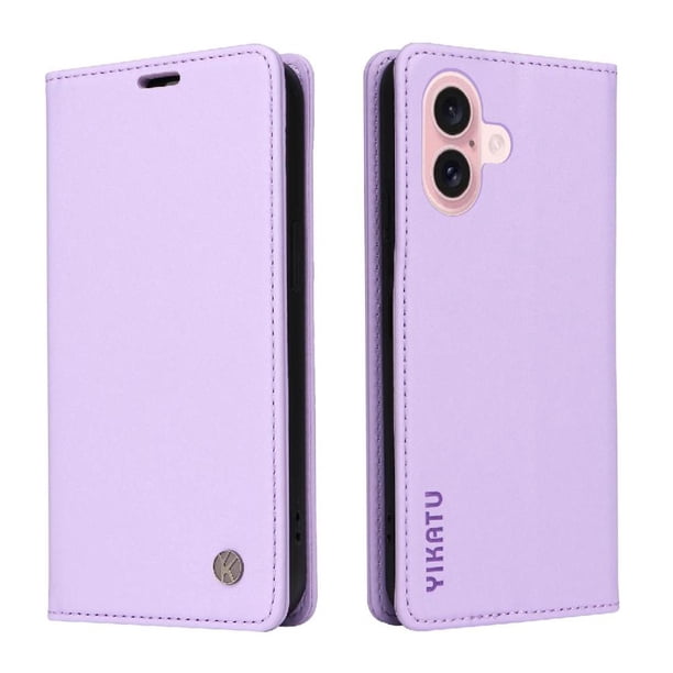 Funda Billetera de Cuero para iPhone 16 con Tarjetero y Soporte - Tapa Magnética Morado