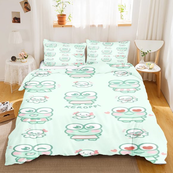 v1555 Bed Sheets Big-Eyed Frog Bedding Set Keroppi Quilt Cover Bedroom Various Sizes % Polyester Ultra Soft Comfortable New Designer 3-Piece Bedding Set (1 Duvet Cover + 2 Pillow Shams) Bed Sheets ju1
