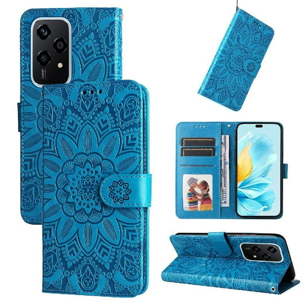 Funda tipo cartera FOXDOCK para Honor 200 Lite 5G , diseño girasol en relieve, cuero PU, cierre magnético, soporte y tarjetero