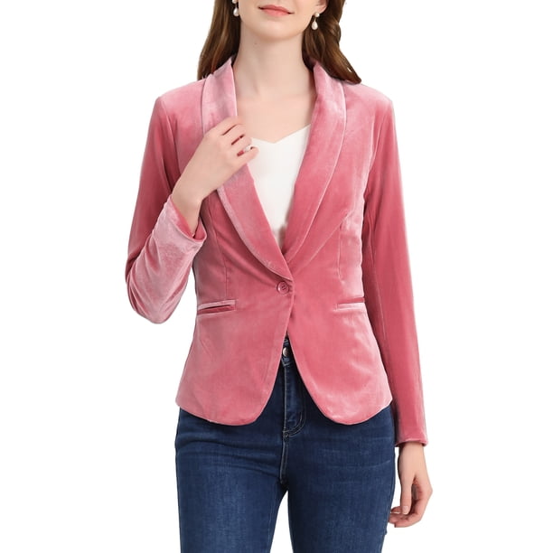 Blazer de Terciopelo para Mujer Estilo INSPIRE CHIC Color Sólido Cuello Chal Un Botón Chaqueta de Traje para el Trabajo M Rosa