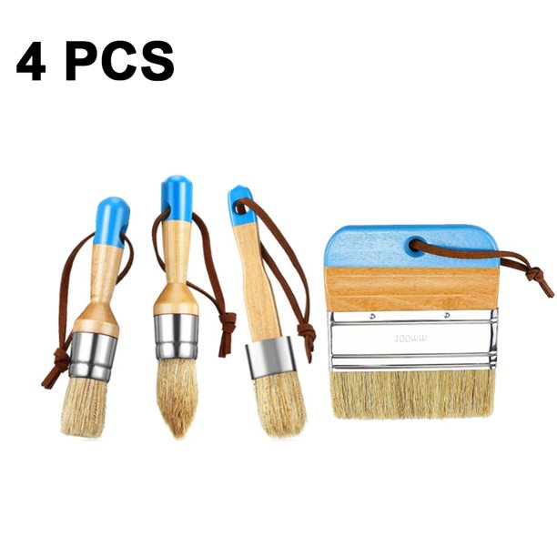 Juego de 4 pinceles para tiza y cera, de cerdas naturales, para muebles, madera y decoración del hogar. Incluye pinceles planos, redondos, grandes y puntiagudos.