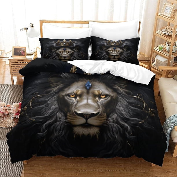 Juego de funda nórdica y sábanas de microfibra con estampado dimensional de El Rey León de la Corona, fundas de almohada de microfibra suaves y hermosas, con cremallera invisible,
