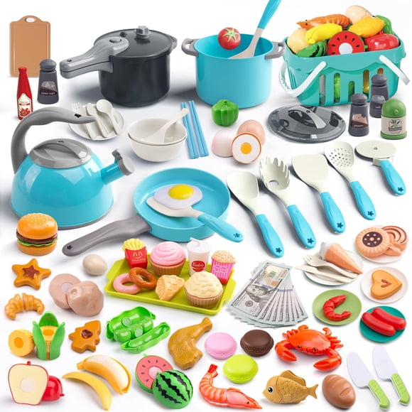 Juego de cocina Funpynani, 130 unidades, con ollas, sartenes y utensilios, color turquesa