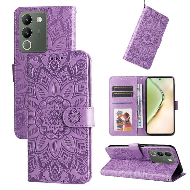 Funda tipo cartera FOXDOCK para Vivo V29E , diseño girasol en relieve, cuero PU, cierre magnético, soporte y tarjetero